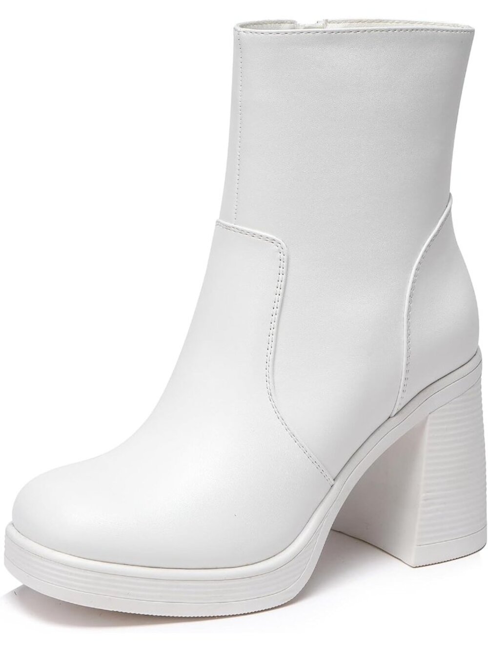 Women's White Platform Square Toe Gogo Chunky Block Heel Ankle Boots with Zipper